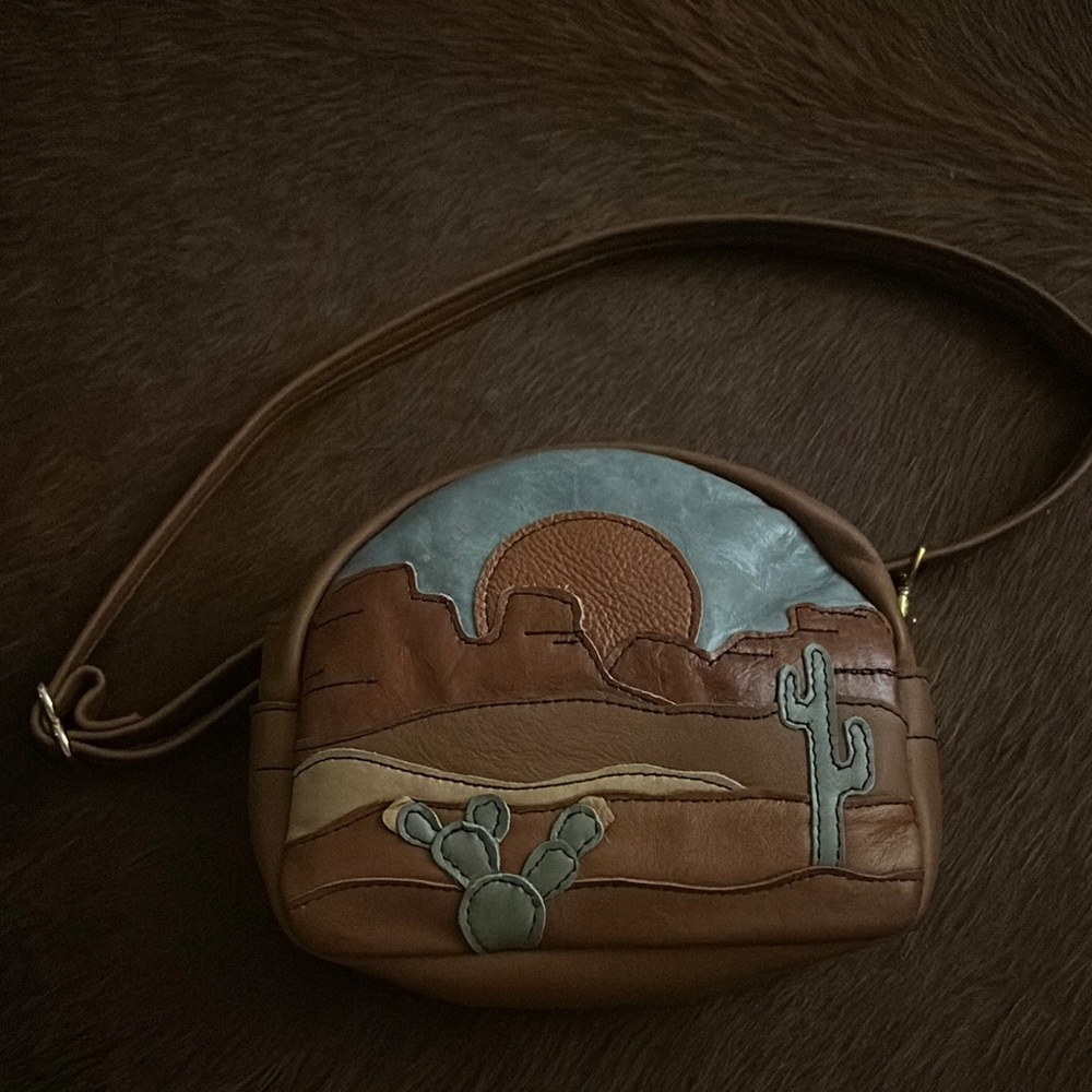 Brown Leather Crossbody Bag with Desert Design by Grooves and Grain